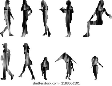 Vector silhouettes, Outline silhouettes of people, Contour drawing, people silhouette, Icon Set Isolated, Silhouette of sitting people, Architectural set	
