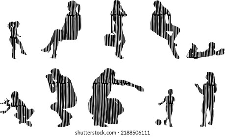 Vector silhouettes, Outline silhouettes of people, Contour drawing, people silhouette, Icon Set Isolated, Silhouette of sitting people, Architectural set	
