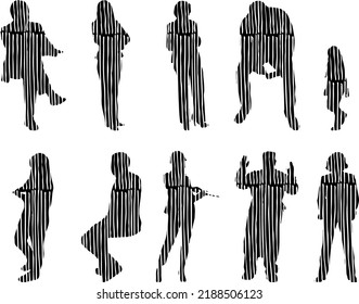 Vector silhouettes, Outline silhouettes of people, Contour drawing, people silhouette, Icon Set Isolated, Silhouette of sitting people, Architectural set	
