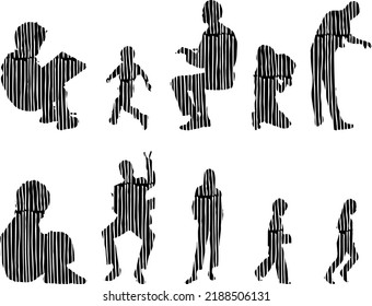 Vector silhouettes, Outline silhouettes of people, Contour drawing, people silhouette, Icon Set Isolated, Silhouette of sitting people, Architectural set	
