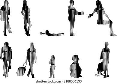 Vector silhouettes, Outline silhouettes of people, Contour drawing, people silhouette, Icon Set Isolated, Silhouette of sitting people, Architectural set	
