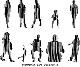 Vector silhouettes, Outline silhouettes of people, Contour drawing, people silhouette, Icon Set Isolated, Silhouette of sitting people, Architectural set	
