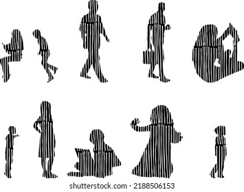 Vector silhouettes, Outline silhouettes of people, Contour drawing, people silhouette, Icon Set Isolated, Silhouette of sitting people, Architectural set	
