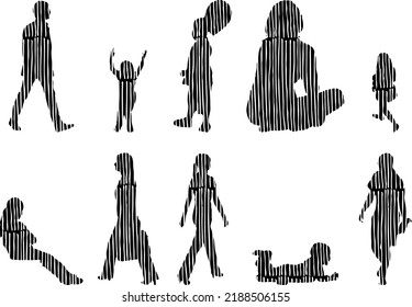 Vector silhouettes, Outline silhouettes of people, Contour drawing, people silhouette, Icon Set Isolated, Silhouette of sitting people, Architectural set	
