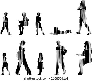 Vector silhouettes, Outline silhouettes of people, Contour drawing, people silhouette, Icon Set Isolated, Silhouette of sitting people, Architectural set	
