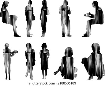 Vector silhouettes, Outline silhouettes of people, Contour drawing, people silhouette, Icon Set Isolated, Silhouette of sitting people, Architectural set	
