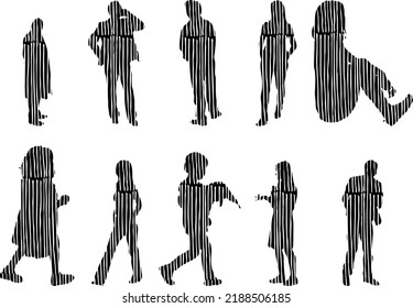 Vector silhouettes, Outline silhouettes of people, Contour drawing, people silhouette, Icon Set Isolated, Silhouette of sitting people, Architectural set	
