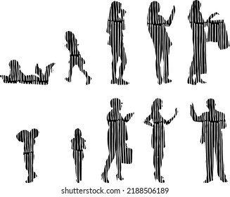 Vector silhouettes, Outline silhouettes of people, Contour drawing, people silhouette, Icon Set Isolated, Silhouette of sitting people, Architectural set	
