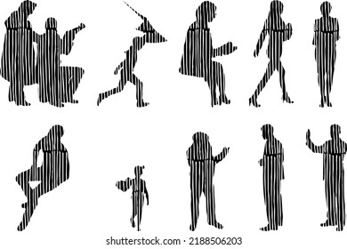 Vector silhouettes, Outline silhouettes of people, Contour drawing, people silhouette, Icon Set Isolated, Silhouette of sitting people, Architectural set	
