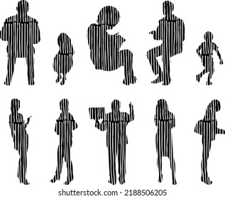 Siluetas vectoriales, Siluetas de contorno de personas, Dibujo de contorno, silueta de personas, Conjunto de iconos aislados, Silueta de personas sentadas, Conjunto arquitectónico	
