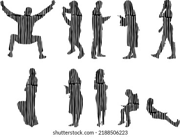 Vector silhouettes, Outline silhouettes of people, Contour drawing, people silhouette, Icon Set Isolated, Silhouette of sitting people, Architectural set	
