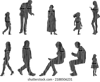 Vector silhouettes, Outline silhouettes of people, Contour drawing, people silhouette, Icon Set Isolated, Silhouette of sitting people, Architectural set	

