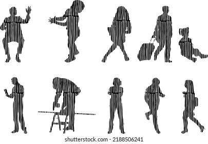 Vector silhouettes, Outline silhouettes of people, Contour drawing, people silhouette, Icon Set Isolated, Silhouette of sitting people, Architectural set	
