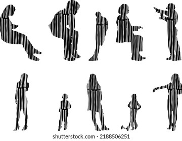 Vector silhouettes, Outline silhouettes of people, Contour drawing, people silhouette, Icon Set Isolated, Silhouette of sitting people, Architectural set	
