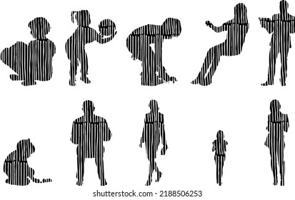 Siluetas vectoriales, Siluetas de contorno de personas, Dibujo de contorno, silueta de personas, Conjunto de iconos aislados, Silueta de personas sentadas, Conjunto arquitectónico	
