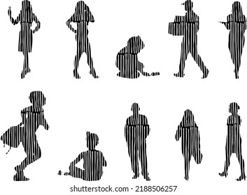 Vector silhouettes, Outline silhouettes of people, Contour drawing, people silhouette, Icon Set Isolated, Silhouette of sitting people, Architectural set	
