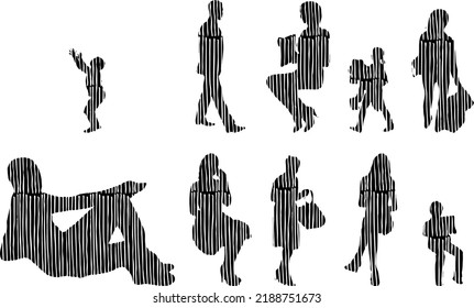 Vector silhouettes, Outline silhouettes of people, Contour drawing, people silhouette, Icon Set Isolated, Silhouette of sitting people, Architectural set	
