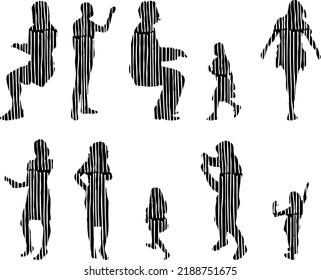 Vector silhouettes, Outline silhouettes of people, Contour drawing, people silhouette, Icon Set Isolated, Silhouette of sitting people, Architectural set	
