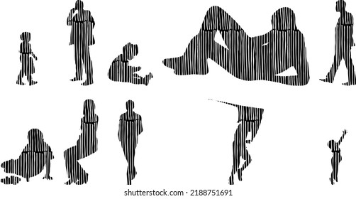 Vector silhouettes, Outline silhouettes of people, Contour drawing, people silhouette, Icon Set Isolated, Silhouette of sitting people, Architectural set	
