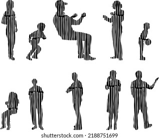 Siluetas vectoriales, Siluetas de contorno de personas, Dibujo de contorno, silueta de personas, Conjunto de iconos aislados, Silueta de personas sentadas, Conjunto arquitectónico	

