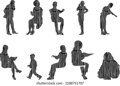 Vector silhouettes, Outline silhouettes of people, Contour drawing, people silhouette, Icon Set Isolated, Silhouette of sitting people, Architectural set	
