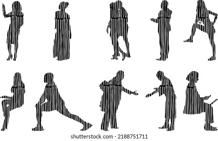 Vektor-Silhouetten, Silhouetten-Linien, Konturzeichnungen, Silhouette-Leute, Symbolsatz isoliert, Silhouette sitzender Menschen, Architekturset	
