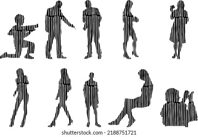 Vector silhouettes, Outline silhouettes of people, Contour drawing, people silhouette, Icon Set Isolated, Silhouette of sitting people, Architectural set	
