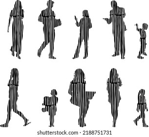Vector silhouettes, Outline silhouettes of people, Contour drawing, people silhouette, Icon Set Isolated, Silhouette of sitting people, Architectural set	
