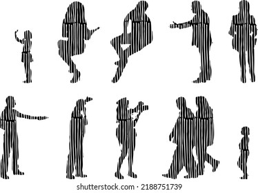 Vector silhouettes, Outline silhouettes of people, Contour drawing, people silhouette, Icon Set Isolated, Silhouette of sitting people, Architectural set	
