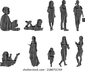 Vector silhouettes, Outline silhouettes of people, Contour drawing, people silhouette, Icon Set Isolated, Silhouette of sitting people, Architectural set	
