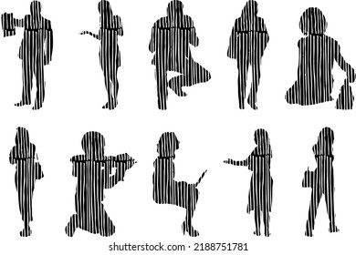Vector silhouettes, Outline silhouettes of people, Contour drawing, people silhouette, Icon Set Isolated, Silhouette of sitting people, Architectural set	

