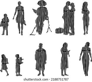 Vector silhouettes, Outline silhouettes of people, Contour drawing, people silhouette, Icon Set Isolated, Silhouette of sitting people, Architectural set	

