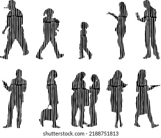 Vector silhouettes, Outline silhouettes of people, Contour drawing, people silhouette, Icon Set Isolated, Silhouette of sitting people, Architectural set	
