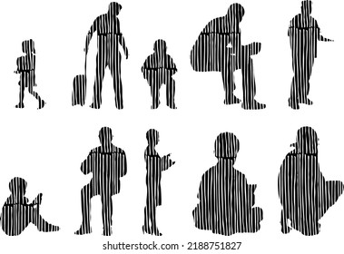 Vector silhouettes, Outline silhouettes of people, Contour drawing, people silhouette, Icon Set Isolated, Silhouette of sitting people, Architectural set	
