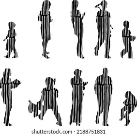 Vector silhouettes, Outline silhouettes of people, Contour drawing, people silhouette, Icon Set Isolated, Silhouette of sitting people, Architectural set	
