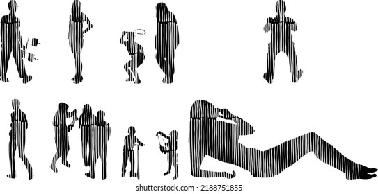 Vector silhouettes, Outline silhouettes of people, Contour drawing, people silhouette, Icon Set Isolated, Silhouette of sitting people, Architectural set	
