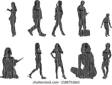 Vector silhouettes, Outline silhouettes of people, Contour drawing, people silhouette, Icon Set Isolated, Silhouette of sitting people, Architectural set	
