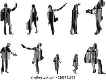 Siluetas vectoriales, Siluetas de contorno de personas, Dibujo de contorno, silueta de personas, Conjunto de iconos aislados, Silueta de personas sentadas, Conjunto arquitectónico	
