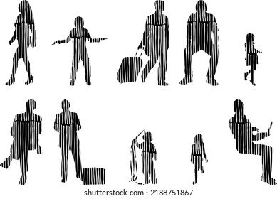 Vector silhouettes, Outline silhouettes of people, Contour drawing, people silhouette, Icon Set Isolated, Silhouette of sitting people, Architectural set	
