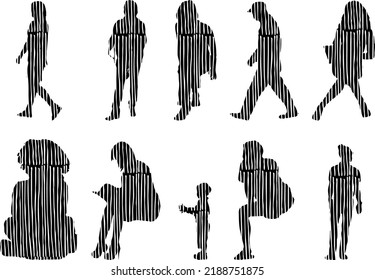Vector silhouettes, Outline silhouettes of people, Contour drawing, people silhouette, Icon Set Isolated, Silhouette of sitting people, Architectural set	
