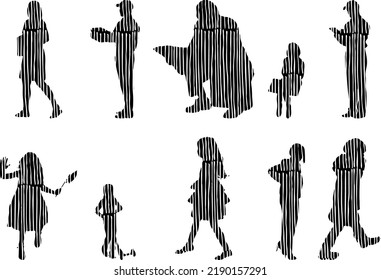 Vector silhouettes, Outline silhouettes of people, Contour drawing, people silhouette, Icon Set Isolated, Silhouette of sitting people, Architectural set	
