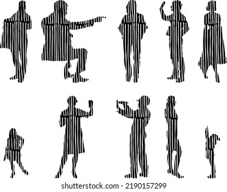 Vector silhouettes, Outline silhouettes of people, Contour drawing, people silhouette, Icon Set Isolated, Silhouette of sitting people, Architectural set	
