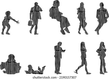 Vector silhouettes, Outline silhouettes of people, Contour drawing, people silhouette, Icon Set Isolated, Silhouette of sitting people, Architectural set	
