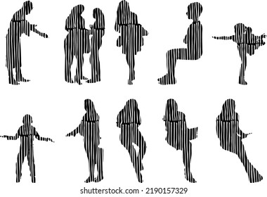 Vector silhouettes, Outline silhouettes of people, Contour drawing, people silhouette, Icon Set Isolated, Silhouette of sitting people, Architectural set	

