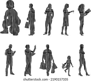 Vector silhouettes, Outline silhouettes of people, Contour drawing, people silhouette, Icon Set Isolated, Silhouette of sitting people, Architectural set	
