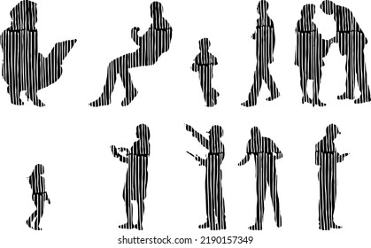 Vector silhouettes, Outline silhouettes of people, Contour drawing, people silhouette, Icon Set Isolated, Silhouette of sitting people, Architectural set	
