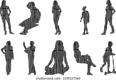 Vector silhouettes, Outline silhouettes of people, Contour drawing, people silhouette, Icon Set Isolated, Silhouette of sitting people, Architectural set	
