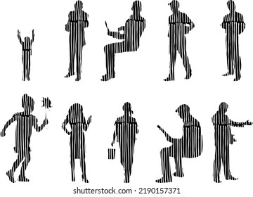 Vector silhouettes, Outline silhouettes of people, Contour drawing, people silhouette, Icon Set Isolated, Silhouette of sitting people, Architectural set	

