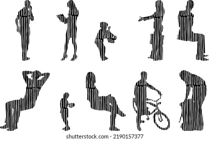 Vector silhouettes, Outline silhouettes of people, Contour drawing, people silhouette, Icon Set Isolated, Silhouette of sitting people, Architectural set	
