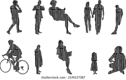 Vector silhouettes, Outline silhouettes of people, Contour drawing, people silhouette, Icon Set Isolated, Silhouette of sitting people, Architectural set	
